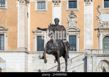 The Equestrian Statue of Marcus Aurelius is an ancient Roman equestrian statue on the Capitoline Hill, Rome, Italy. Stock Photo