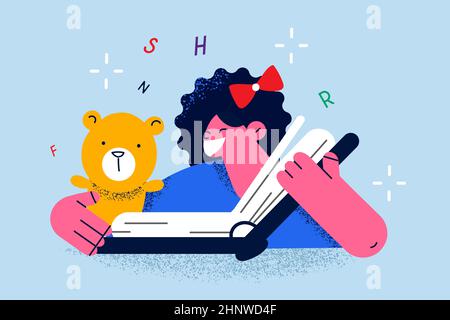 Reading, Education and learning concept. Smiling school girl cartoon character sitting reading book with interest feeling interested vector illustrati Stock Photo