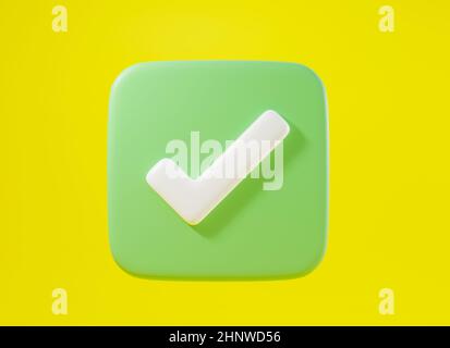 Green tick check mark symbols icon element. Yes shape button for correct sign in square approved, Simple mark graphic design on yellow background, rig Stock Photo