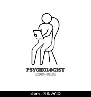 Psychotherapy session line icon concept. Psychologist sits on chair with notebook outline stroke element. Psychologist counseling. Group therapy. Edit Stock Photo