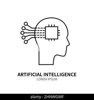 Artificial intelligence and machine learning line icon. Head and cpu. Simple thin outline pictogram. AI concept. Innovative robotic technology element Stock Photo