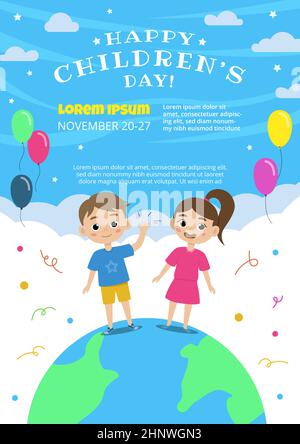 Happy children's day poster concept. Joyful kids standing on globe earth planet on background. Flat vector illustration isolated on white. Internation Stock Photo