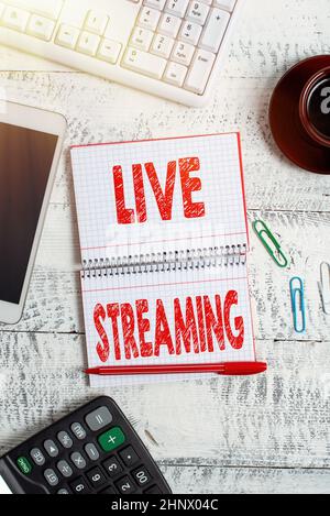 Sign displaying Live Streaming, Business overview Transmit live video coverage of an event over the Internet Display of Different Color Sticker Notes Stock Photo