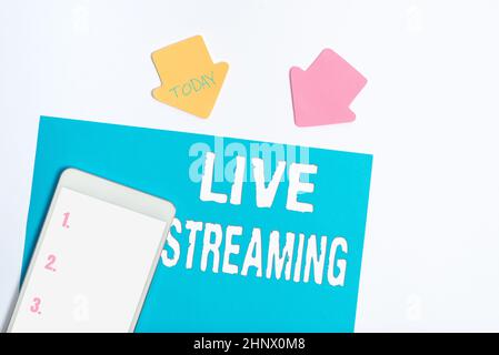 Handwriting text Live Streaming, Internet Concept Transmit live video coverage of an event over the Internet Display of Different Color Sticker Notes Stock Photo