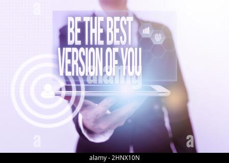 Text caption presenting Be The Best Version Of You, Internet Concept going to move away from where are start improving Lady In Suit Presenting Mobile Stock Photo