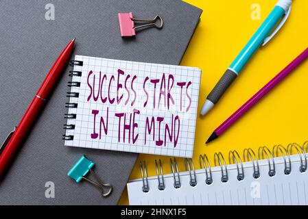 Conceptual display Success Starts In The Mind, Internet Concept set your mind to positivity it can go a long way Flashy School And Office Supplies Bri Stock Photo