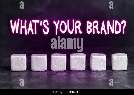 Writing displaying text What S Your Brand Question, Concept meaning asking about product logo does or what you communicate Stack of Sample Cube Rectan Stock Photo