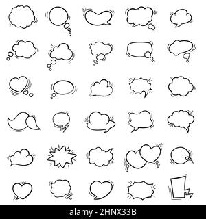 Set of hand drawn black colored linear speech balloons or chat bubbles, design element used for speech on a white background. Stock Vector