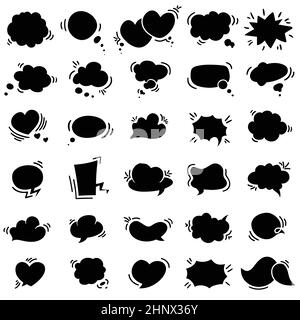Set of hand drawn, flat, empty, black speech balloons or chat bubbles, design element used for speech on a white background. Stock Vector