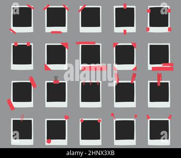 Set of hand drawn, flat colored polaroid frames attached with pins and tapes on a gray background. Stock Vector