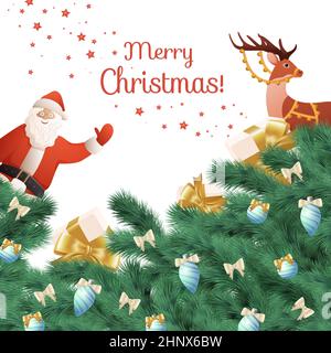 New Year card with Santa Claus, festive background with Christmas elements, garlands and Christmas balls - illustration Stock Photo