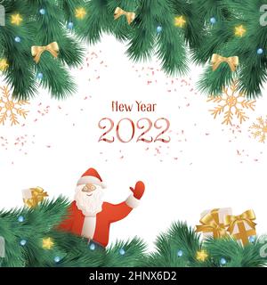 New Year card with Santa Claus, festive background with Christmas elements, garlands and Christmas balls - illustration Stock Photo