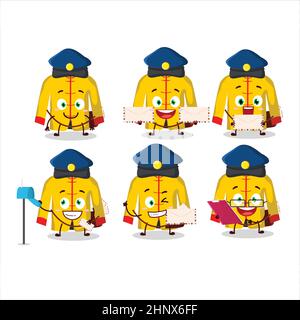 A picture of cheerful yellow chinese traditional costume postman cartoon design concept. Vector illustration Stock Vector