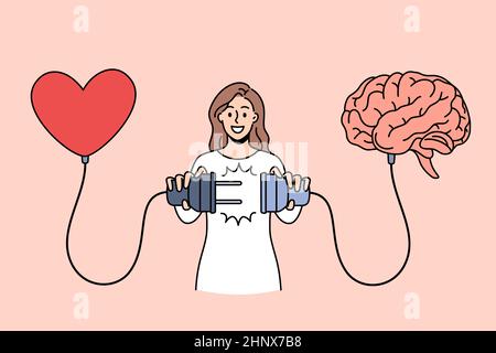 Love and positive emotions concept. Young smiling woman cartoon character standing connecting charging red heart and brain vector illustration Stock Photo