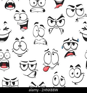 Cartoon faces and emojis with different facial expressions seamless pattern. Vector background of comic emoticon characters with happy, funny, angry a Stock Vector