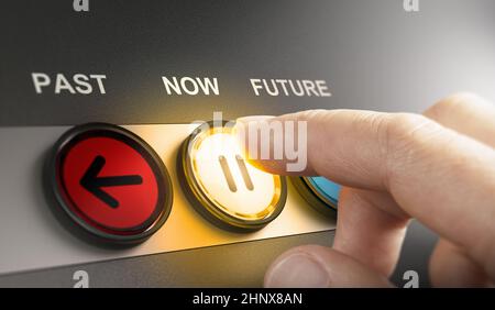 Man pressing a yellow button with the word now printed on the top, to stop the time and live in the present moment. Composite image between a hand pho Stock Photo
