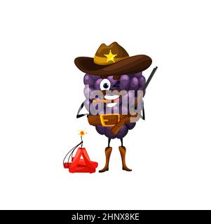 Cartoon blackberry sheriff character with dynamite. Vector bramble berry wild west cowboy personage with riffle and cigar. Mustached dewberry ranger b Stock Vector