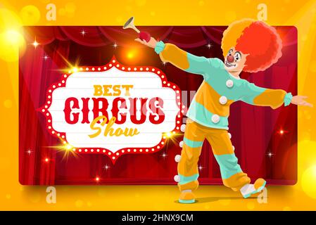 Shapito circus cartoon smiling clown performer on stage. Vector flyer ...