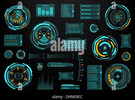 HUD futuristic touch user interface with circular panels, keyboard and text box, bars and scale. GUI futuristic elements, smart control display screen Stock Vector