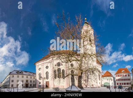view to church of our landy in small town of Guenzburg in Bavaria. In 1736 the church was rebuilt by Dominikus Zimmermann. Stock Photo