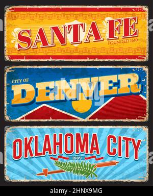 Santa Fe, Denver and Oklahoma american cities plates and travel stickers. United States city vintage tin sign or plate with flag symbols. USA vacation Stock Vector
