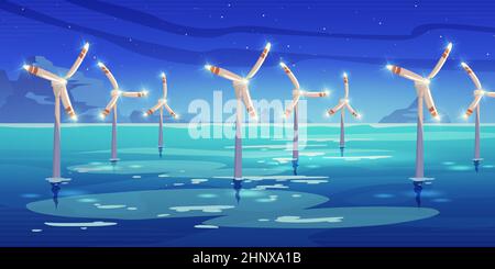 Night offshore farm with windmills in water, alternative wind energy generation turbines with glowing vanes under starry sky in ocean, renewable green sustainable power, Cartoon vector illustration Stock Vector