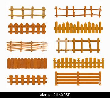 Cartoon wooden fence vector set, garden or farm palisade, gates or balustrade with pickets. Enclosure railing, banister or fencing sections with decor Stock Vector