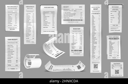 Shop receipt, cash paper bill, purchase invoice. Vector supermarket shopping retail sum check and total cost store sale payment, 3d isolated filled ch Stock Vector