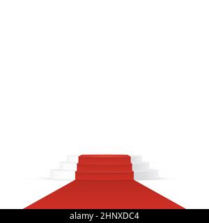 Red carpet on 3d round podium for winners and exclusive events vector illustration. Realistic triple platform stage template for luxury ceremony on wh Stock Vector