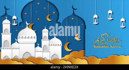 ramadan kareem illustration banner with mosque, lantern, stars, and moon in paper art Stock Vector