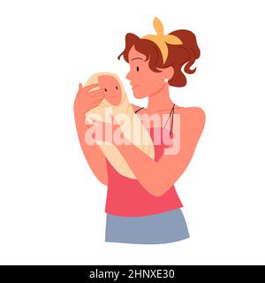 Young mother holding her cute newborn swaddled baby Stock Vector