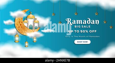ramadan big sale banner with realistic mosque on the moon and clouds Stock Vector