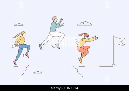 Business competition and leadership concept. Group of young people competitors jumping over abyss trying to reach aim flag first vector illustration Stock Photo