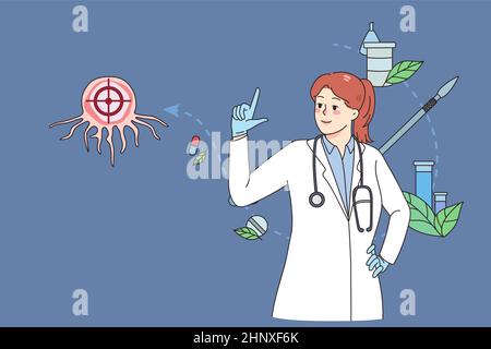 Female doctor or scientist explore cancer cell do research in laboratory. Woman medical specialist work with oncology diagnostic and treatment. Tumor biopsy and chemotherapy. Vector illustration.  Stock Vector