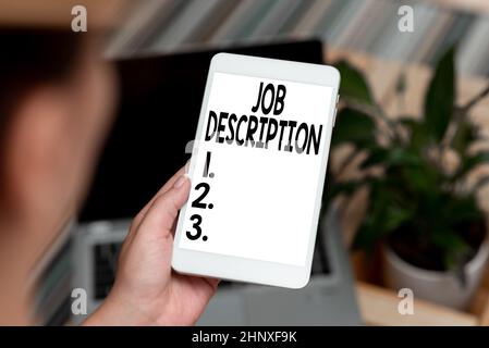 Text sign showing Job Description, Business showcase a formal account of an employee s is responsibilities Voice And Video Calling Capabilities Connec Stock Photo