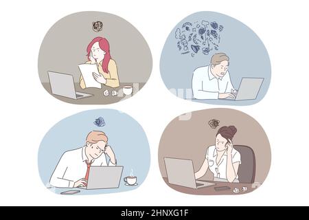 Online work, thinking during work with laptop in office concept. Young business people office workers or managers sitting in office and thinking about presentations or analytics work on laptops  Stock Vector