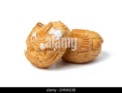 two baked round eclairs on a white background Stock Photo