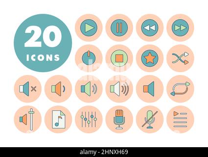 Multimedia user interface flat color vector icons set. Graph symbol for music and sound web site and apps design, logo, app, UI Stock Photo