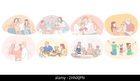 Happy family, parenthood, enjoying time with children concept. Young happy families with kids playing, walking, eating, cooking, watching movies and having fun together at home and outdoors  Stock Vector