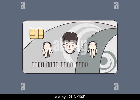 Man slave in credit card suffer from bankruptcy or overspending. Unhappy male client have financial problems with bank. Finance and budget debt concept. Flat vector illustration.  Stock Vector