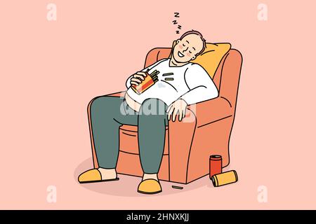 Unhealthy lifestyle and diet concept. Smiling over weight fatty man sitting napping in armchair after drinking soda and eating french fries vector illustration  Stock Vector
