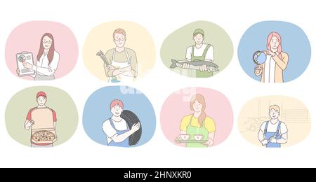 Various professions and occupation concept. People professional marketing specialist, artist, fish seller, geography teacher, pizza delivery man, tire worker, waitress, worker or repairman during work Stock Vector