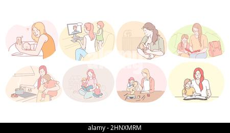 Mother and child, motherhood, home activities with children concept. Young women mothers feeding, playing, chatting online, reading, cooking and making selfie with children at home illustration  Stock Vector