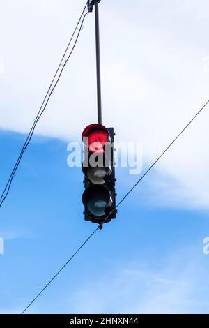 overhead traffic light under blue sky Stock Photo