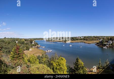 aerial view to the lakes around Gloucester with boats at the shore seen from yankee division highway Stock Photo