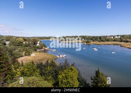 aerial view to the lakes around Gloucester with boats at the shore seen from yankee division highway Stock Photo