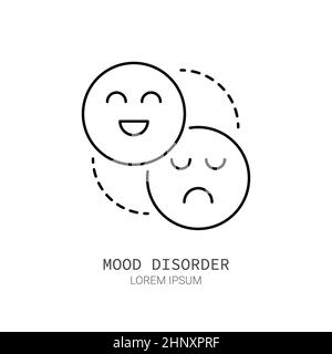 Mood disorder line icon concept. Happy and sad faces outline stroke element. Psychologist counseling. Anxiety, psychotherapy, depression. Editable str Stock Photo