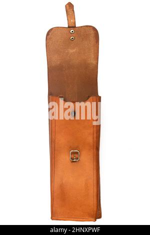 front view closeup of open handmade vintage brown leather satchel pouch with rough weathered texture and metallic buckle isolated on white background Stock Photo