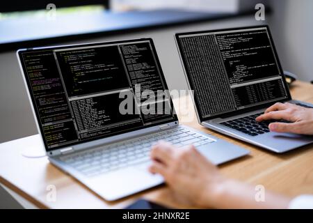 Programmer Woman Coding On Multiple Computer Screens Stock Photo