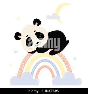 cute panda sleeps sweetly on rainbow. Against background of moon with clouds and stars. Vector illustration in Scandinavian style. Baby animals charac Stock Vector